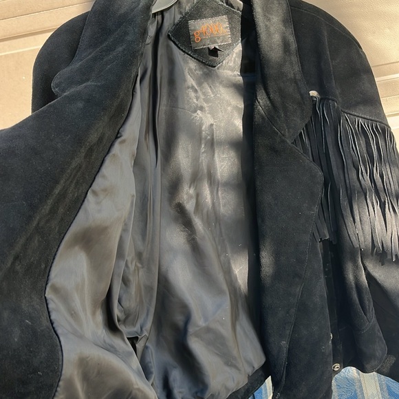 VINTAGE western style fringe black suede leather 90’s coat - Picture 14 of 16